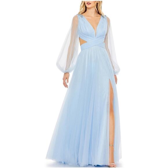 Mac Duggal Dresses & Skirts - NWT MAC DUGGAL Ice Blue Sheer Long Sleeve Open Back High Slit Gown Prom Women’s